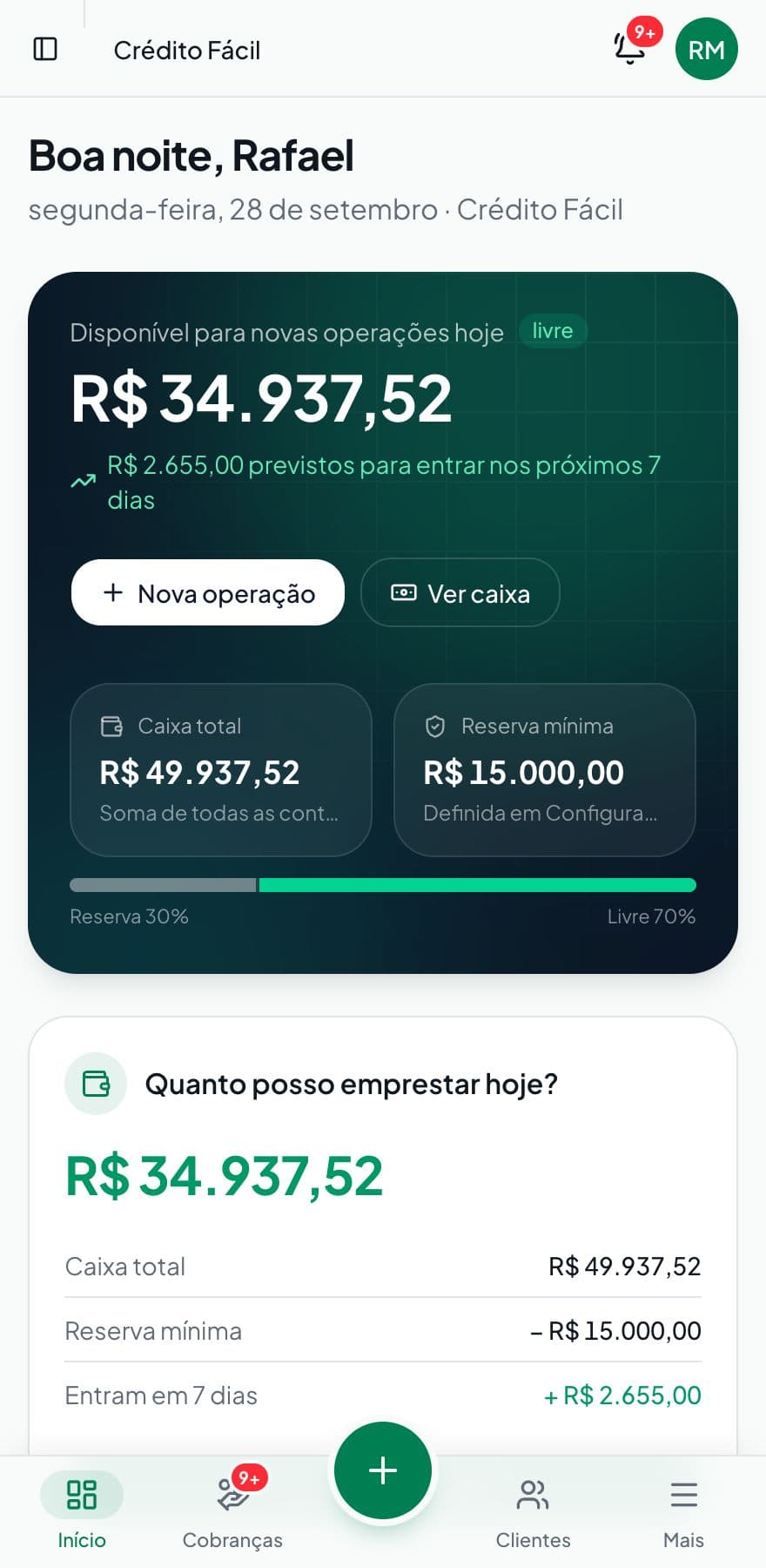 Painel do savemoney no celular, com o valor disponível para novas operações e a barra de navegação inferior.